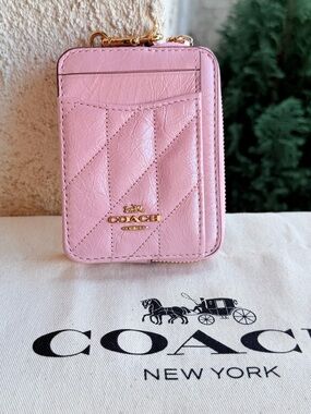 Coach Pink Quilted Zip Card Pouch with Gold Hardware